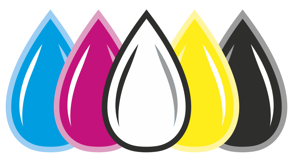 Logo DrukarzGrafik z pięcioma symetrycznymi kroplami atramentu w kolorach cyan, magenta, biały, żółty i czarny, symbolizującymi precyzyjny druk HP Latex.