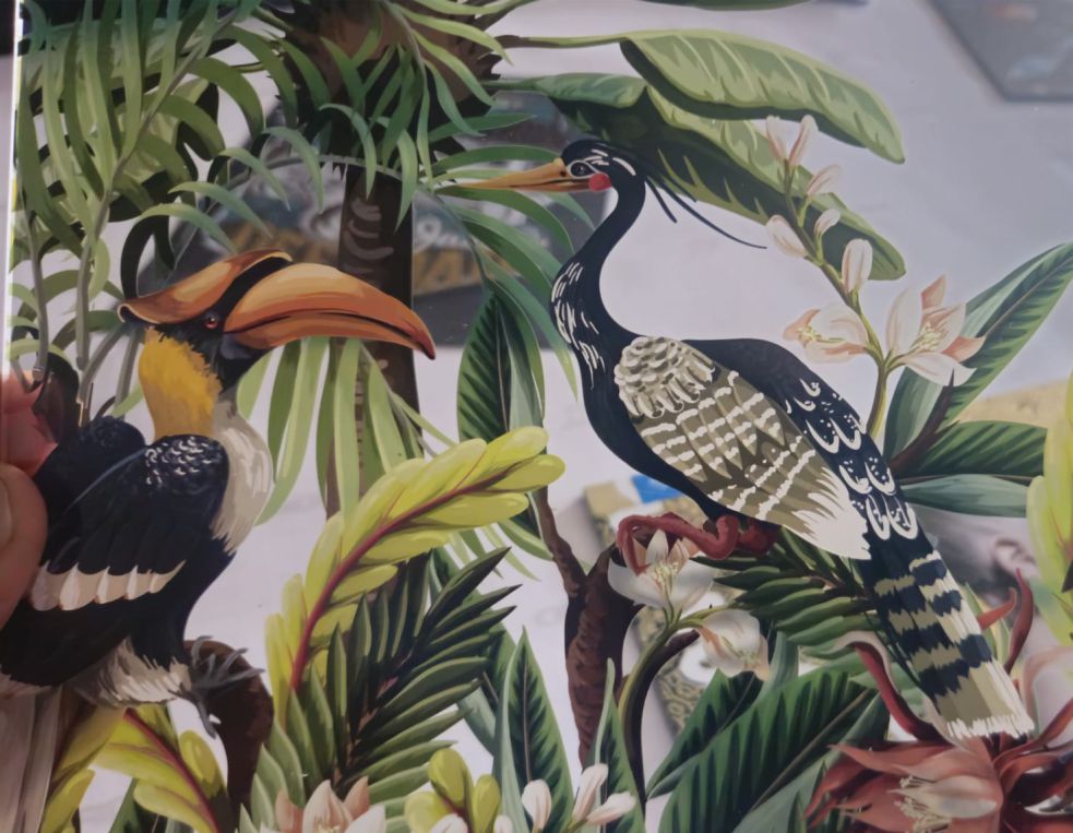 Pięciowarstwowy wydruk dwustronny na folii bezbarwnej do aplikacji na szybie, ściance szklanej lub plexi.